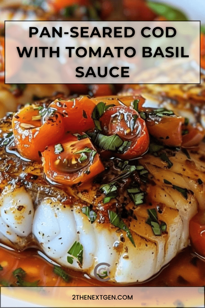 Pan-seared cod fillets served with tomato basil garlic sauce, cherry tomatoes, fresh basil, parsley, lemon, and black pepper.