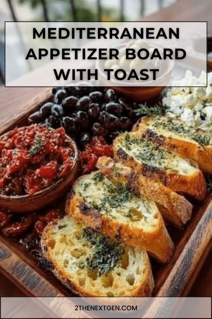 Mediterranean appetizer board with crispy garlic toast, black olives, green olives, feta cheese, sun-dried tomatoes, roasted pepper spread, and parsley.