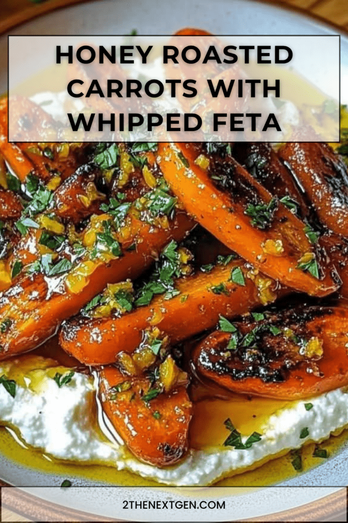 Honey roasted carrots served over creamy whipped feta with chopped pistachios, fresh parsley, mint, olive oil, and a drizzle of honey.