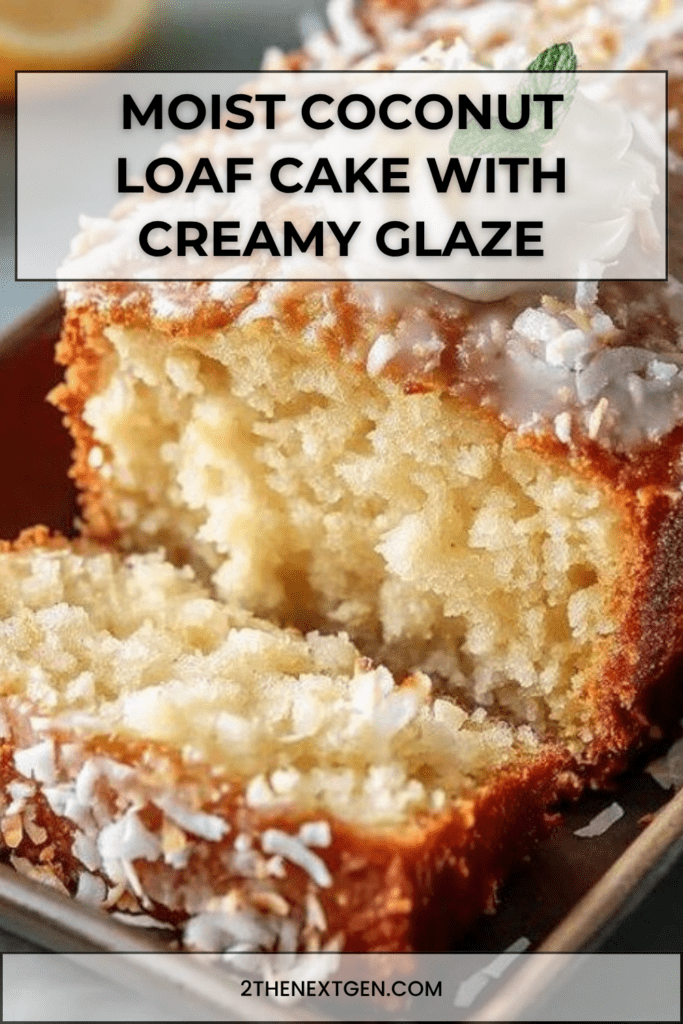 Moist coconut loaf cake topped with creamy glaze, shredded coconut, whipped cream, mint leaves, and a soft tender coconut crumb.