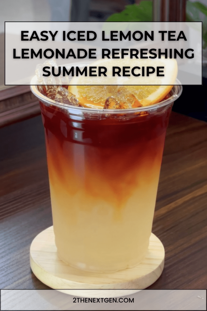 Iced lemon tea lemonade served in tall glasses with fresh lemon slices, orange slices, ice cubes, black tea layer, and mint leaves.