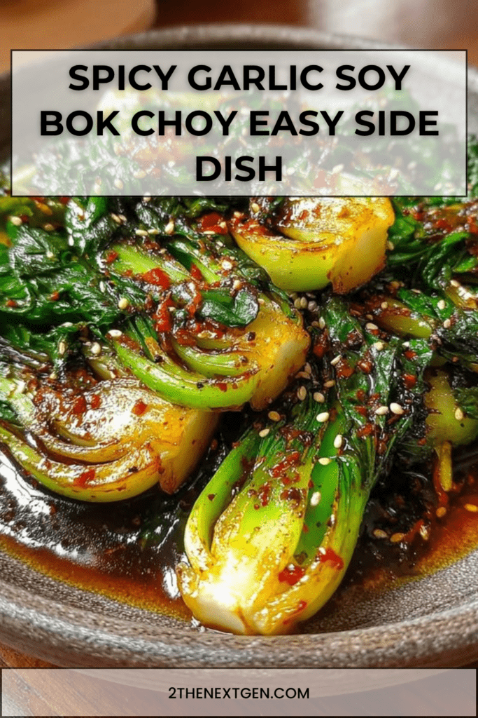 Spicy garlic soy bok choy served hot with sesame seeds, glossy soy chili sauce, minced garlic, ginger, and bright green leaves.