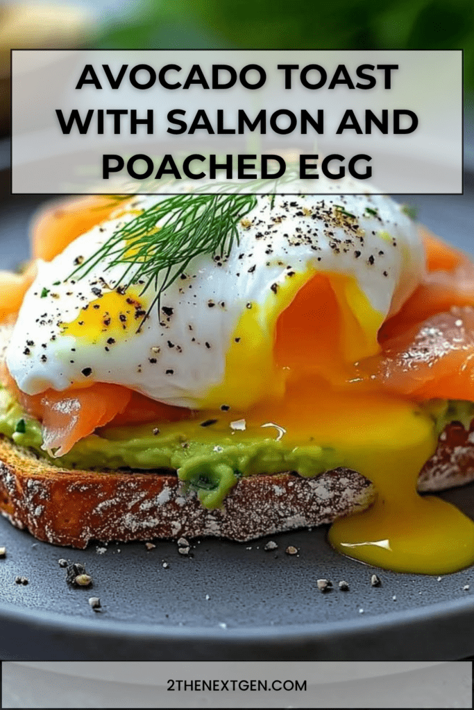 Avocado toast topped with smoked salmon, poached egg, fresh dill, black pepper, chili flakes, lemon, and crispy sourdough bread.