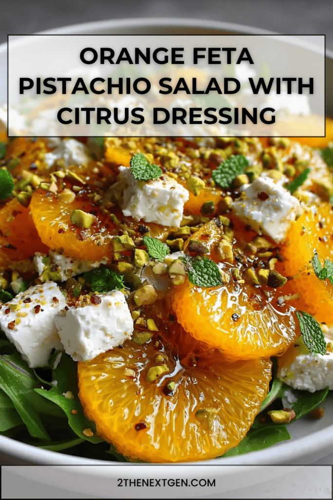 Orange feta pistachio salad with sliced oranges, arugula, feta cubes, chopped pistachios, mint leaves, and honey citrus dressing.