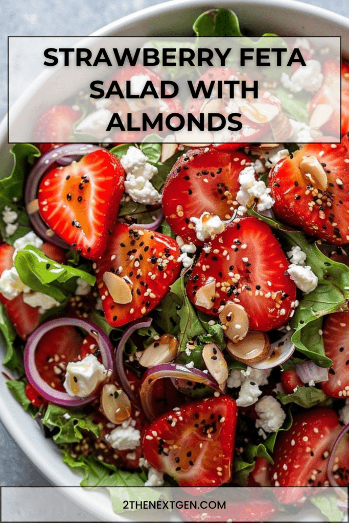 Strawberry feta salad with sliced fresh strawberries, arugula, crumbled feta, red onion, toasted almonds, sesame seeds, and balsamic dressing.