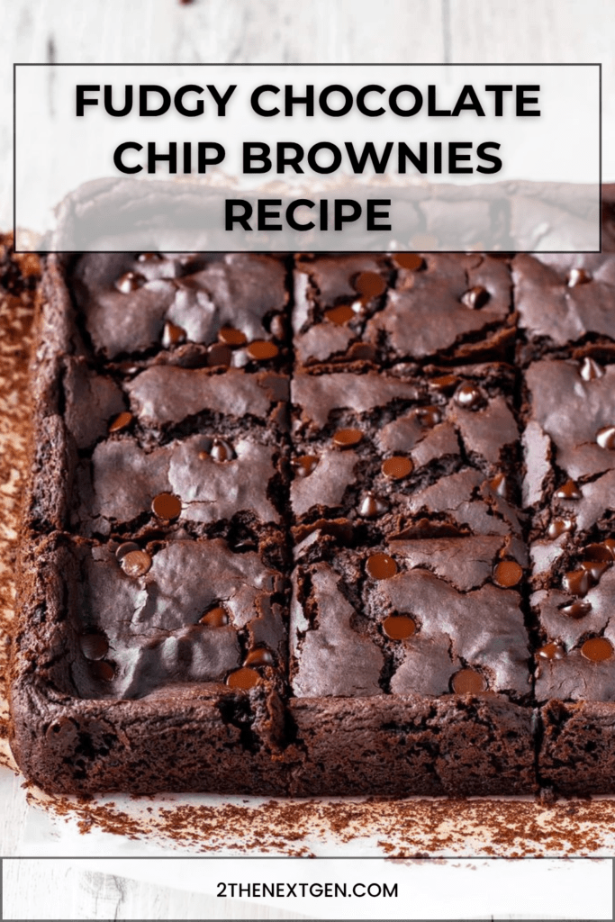 Fudgy chocolate chip brownies sliced into squares with a shiny crackly top, melted chocolate chips, and a rich soft chocolate center.