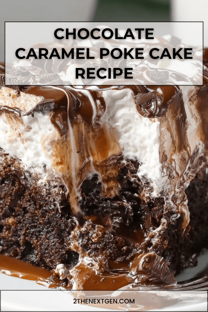 Chocolate caramel poke cake sliced into squares with whipped cream topping, caramel drizzle, chocolate sauce, and chocolate shavings.