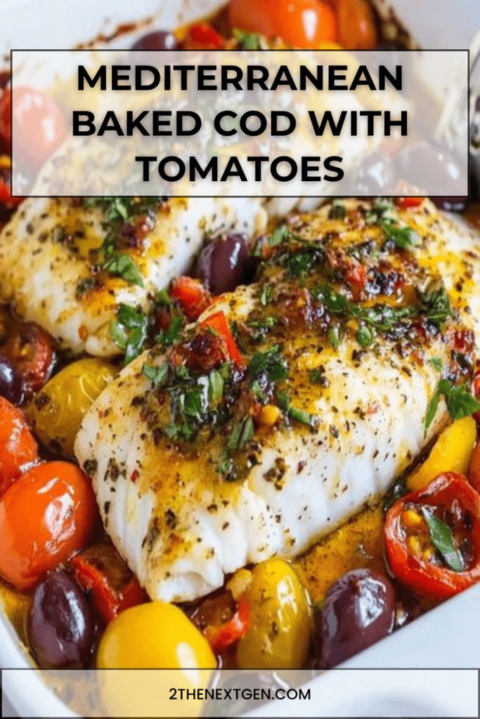 Mediterranean baked cod fillets with cherry tomatoes, olives, garlic, lemon, parsley, basil, and olive oil served in a baking dish.