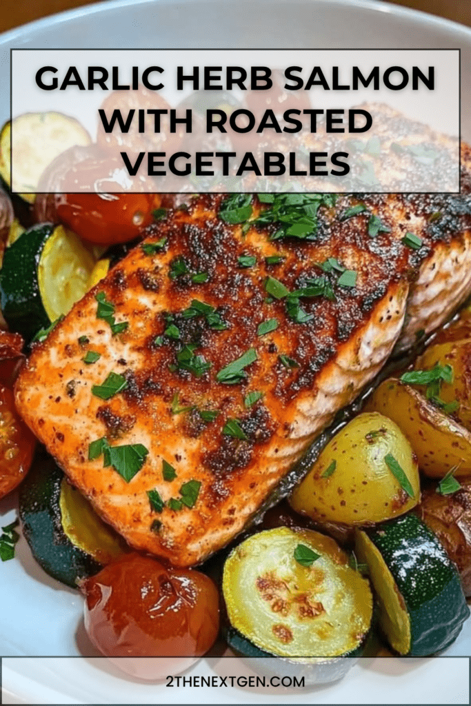 Garlic herb salmon fillets baked over roasted baby potatoes, zucchini, cherry tomatoes, lemon, garlic, parsley, and herbs.