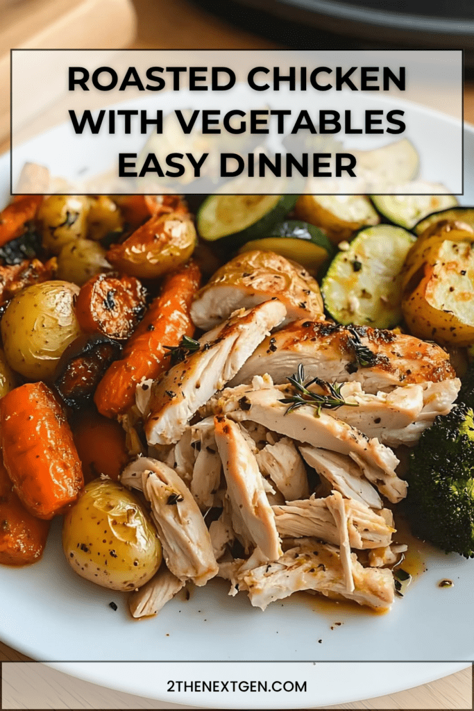 Roasted chicken with vegetables served with golden baby potatoes, carrots, zucchini, broccoli, lemon wedges, herbs, and pan juices.