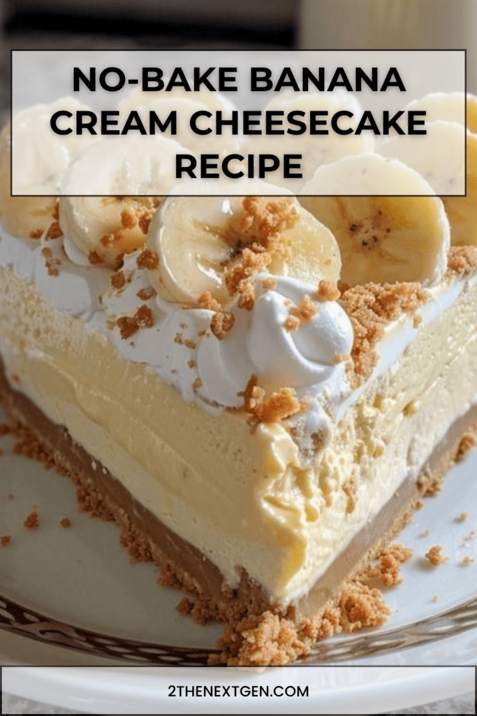 No-bake banana cream cheesecake with buttery biscuit crust, creamy banana filling, whipped cream, banana slices, crushed biscuits, and caramel drizzle.