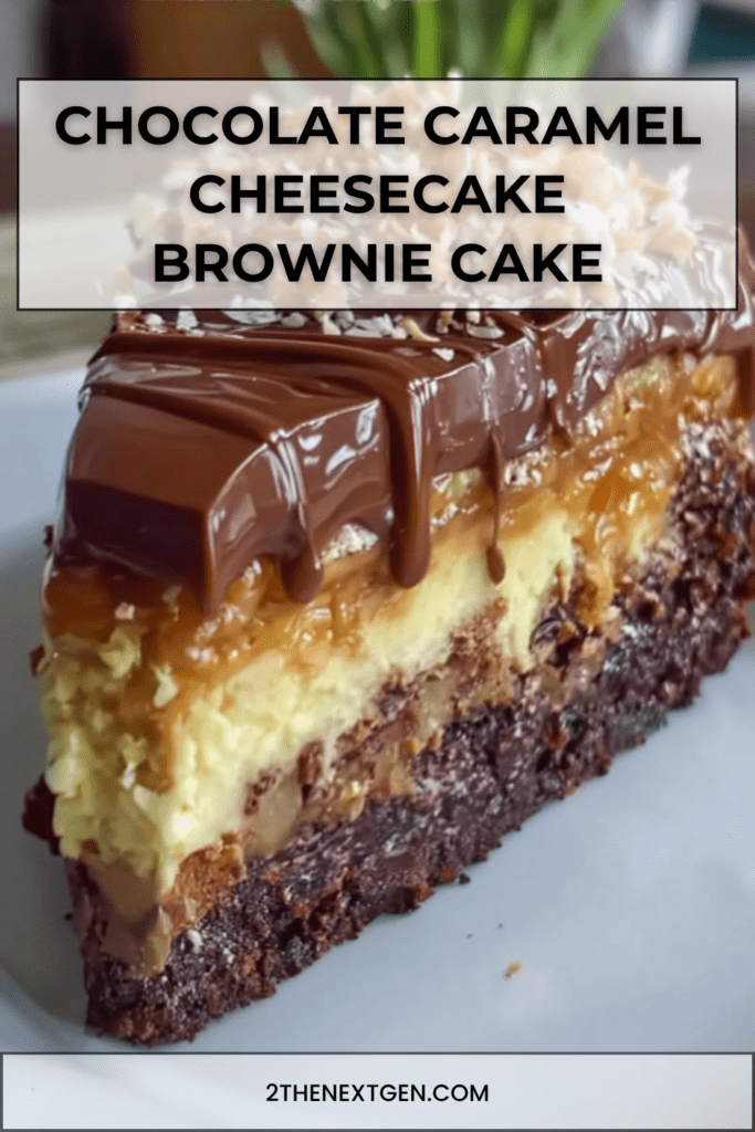 Chocolate caramel cheesecake brownie cake with a fudgy brownie base, creamy cheesecake layer, caramel topping, glossy ganache, nuts, and coconut.