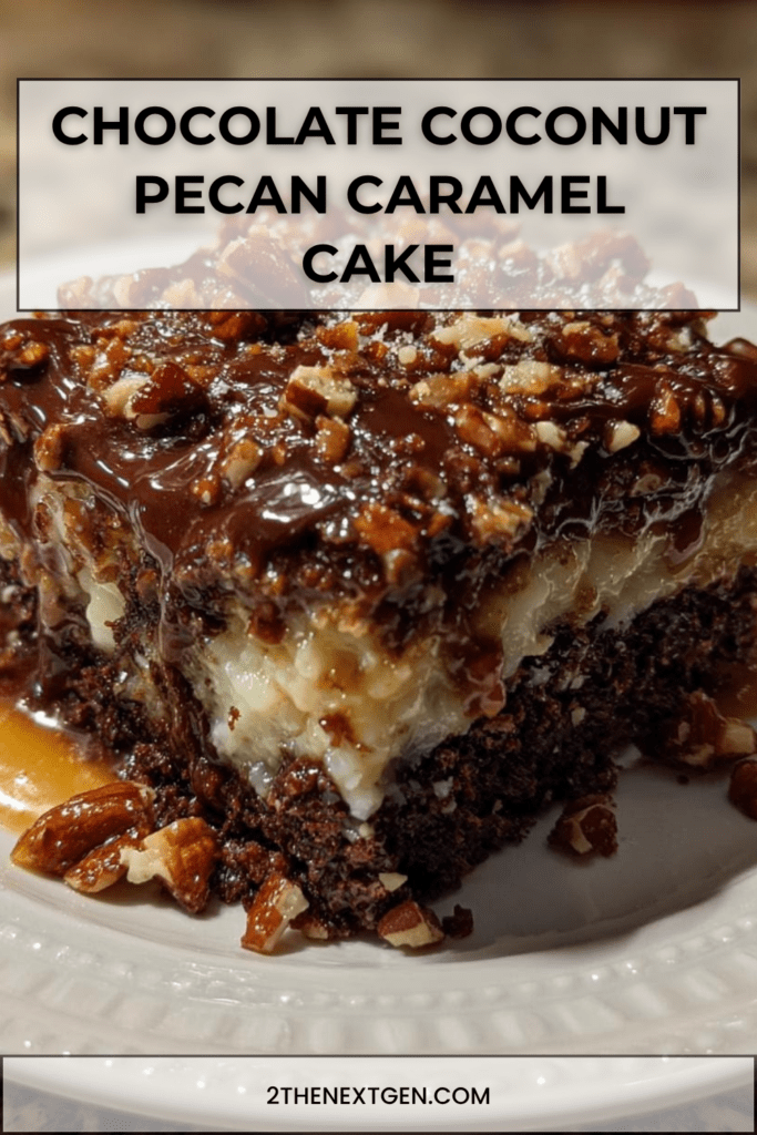 Chocolate coconut pecan caramel cake with moist chocolate cake, coconut pecan filling, glossy chocolate topping, chopped pecans, and caramel drizzle.