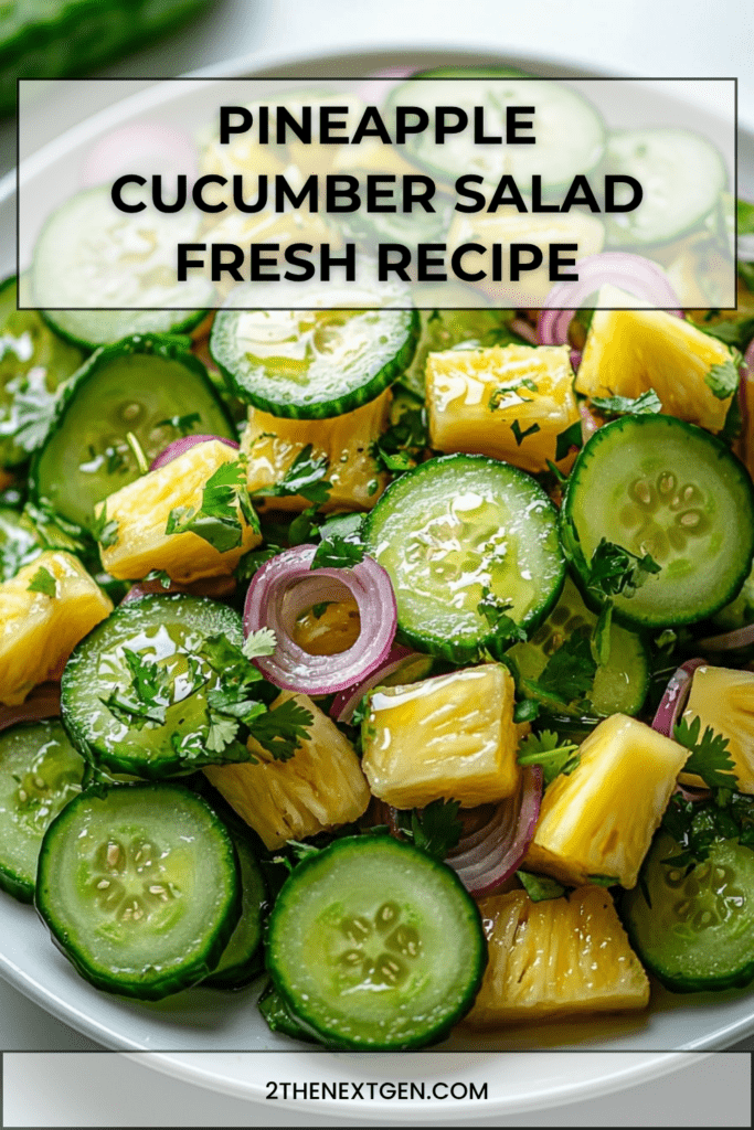 Pineapple cucumber salad with juicy pineapple cubes, thin cucumber slices, red onion, cilantro, lime dressing, chili flakes, and fresh herbs.