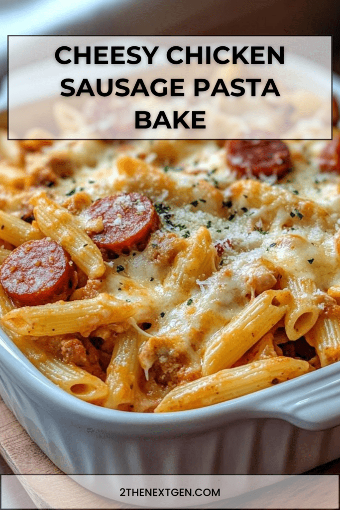 Cheesy chicken sausage pasta bake with penne pasta, diced chicken, smoked sausage, creamy tomato sauce, melted mozzarella, parmesan, cheddar, and fresh parsley.