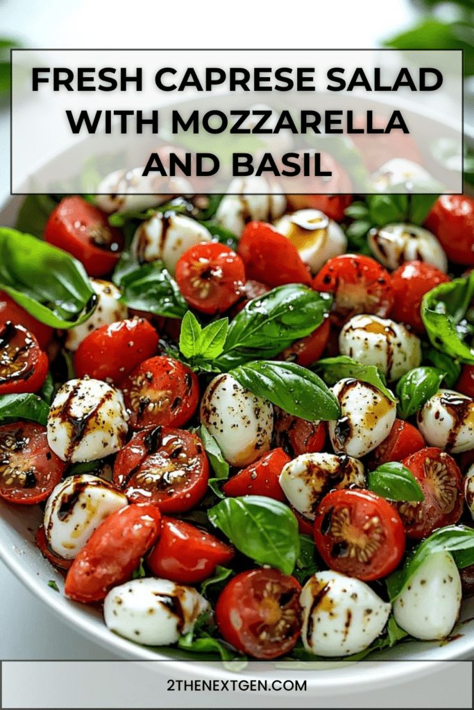 Fresh Caprese salad served in a bowl with halved cherry tomatoes, creamy mini mozzarella balls, bright basil leaves, olive oil, and balsamic glaze.