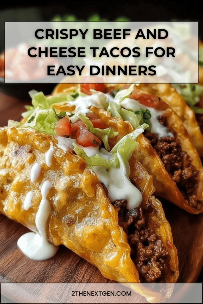 Crispy beef and cheese tacos filled with seasoned ground beef, melted cheese, shredded lettuce, diced tomatoes, red onion, sour cream, and fresh herbs.