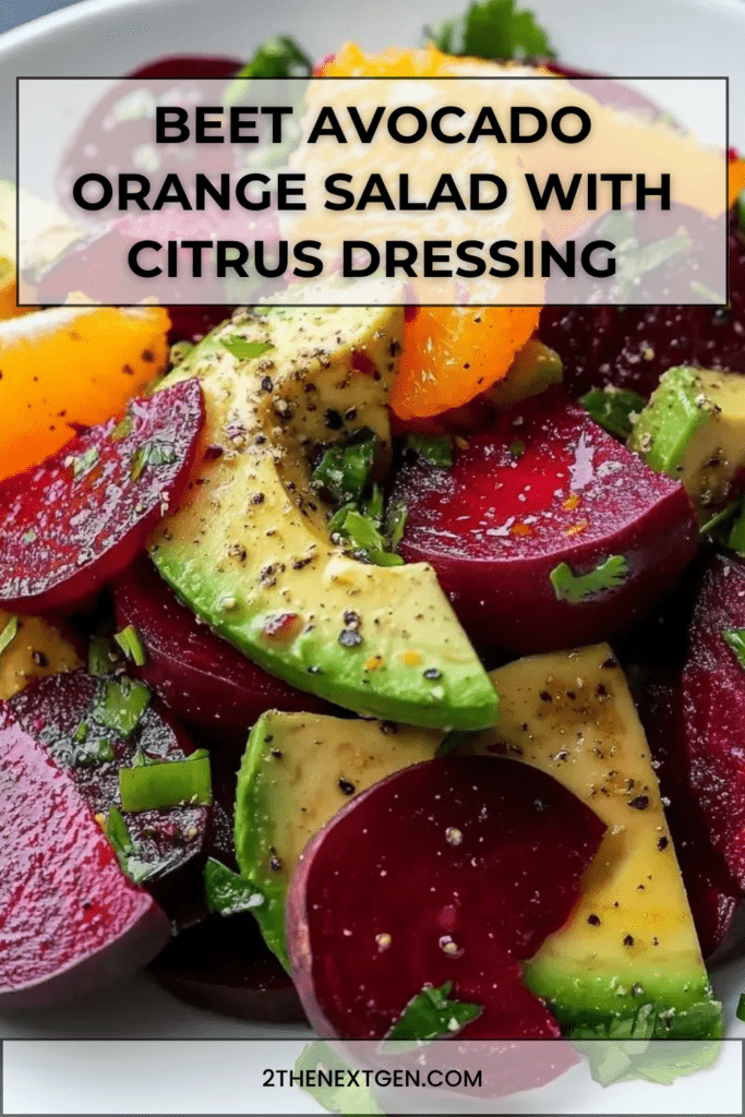 Colorful beet avocado orange salad served with sliced cooked beets, creamy avocado wedges, juicy orange segments, fresh herbs, and citrus dressing.