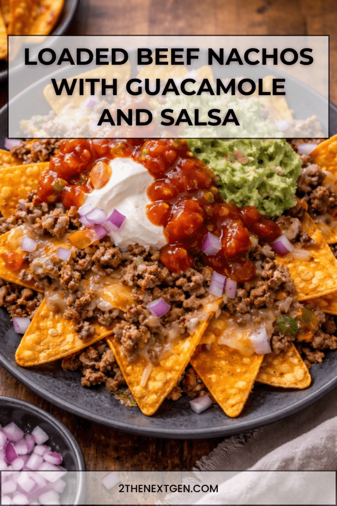 Loaded beef nachos served on a tray with crispy tortilla chips, seasoned ground beef, melted cheddar, guacamole, salsa, sour cream, red onion, jalapeños, and fresh cilantro.
