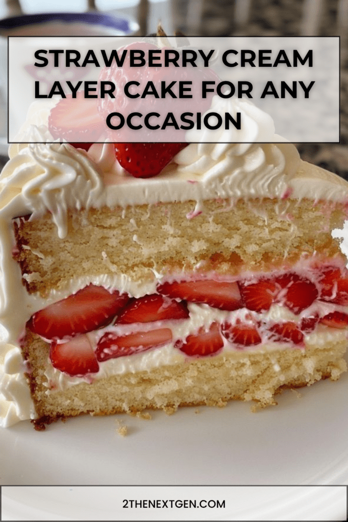 Strawberry cream layer cake with soft vanilla cake layers, mascarpone whipped cream filling, sliced fresh strawberries, and whole strawberries on top.