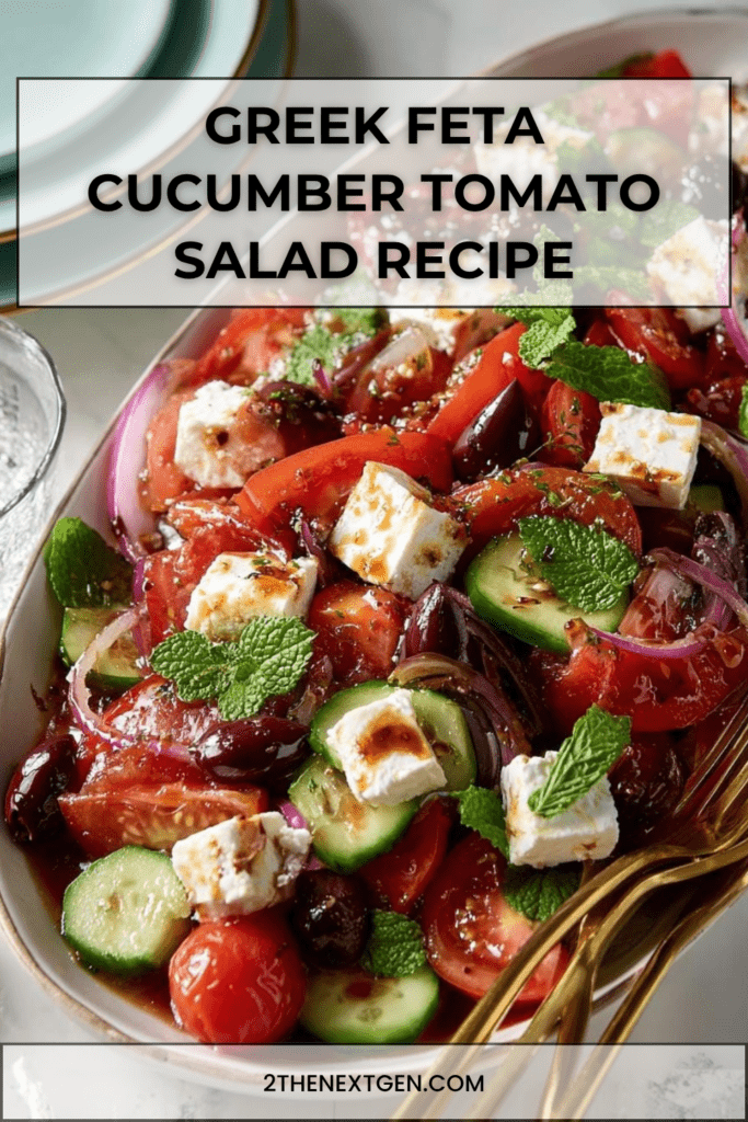 Fresh Greek feta cucumber tomato salad served in a bowl with tomato wedges, cucumber slices, red onion, feta cubes, olives, mint, parsley, and oregano dressing.