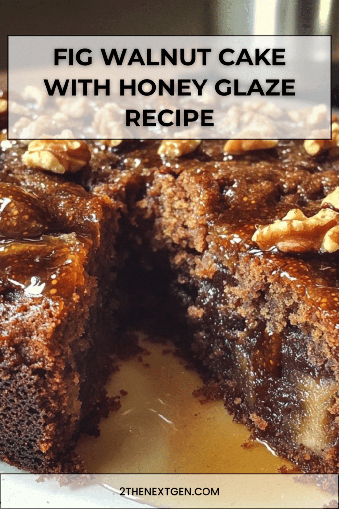 Moist fig walnut cake topped with glossy honey fig glaze, walnut halves, chopped figs, and a golden crumb served on a rustic cake plate.