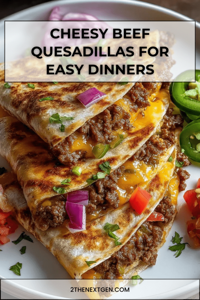 Cheesy beef quesadillas sliced into golden triangles with seasoned ground beef, melted cheddar, mozzarella, salsa, guacamole, sour cream, jalapeños, and fresh cilantro.