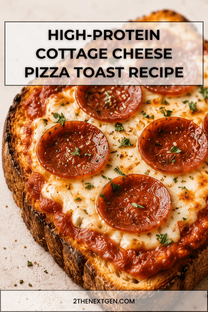 Close-up of high-protein cottage cheese pizza toast on thick golden bread, topped with tomato sauce, melted cheese, pepperoni slices, herbs, and crispy edges.