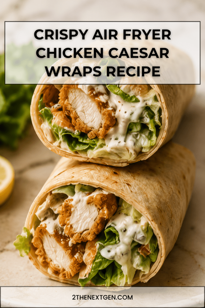 Close-up of crispy air fryer chicken Caesar wraps filled with golden chicken pieces, romaine lettuce, creamy Caesar dressing, parmesan, and soft tortillas.