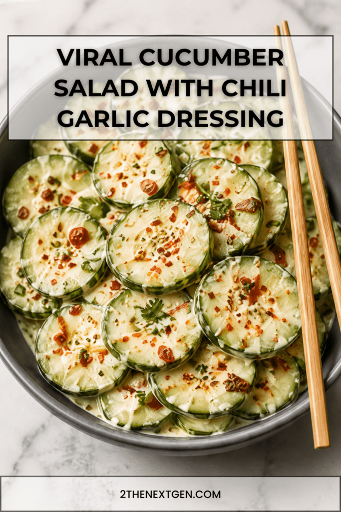 Close-up of viral cucumber salad with thin cucumber slices tossed in creamy chili garlic dressing, topped with sesame seeds, herbs, and red chili flakes.