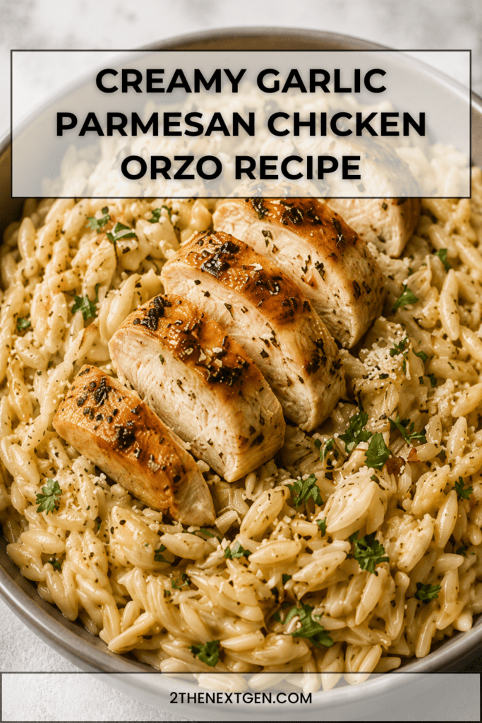 Close-up of creamy garlic parmesan chicken orzo served in a pan with sliced golden chicken breast, tender orzo pasta, parmesan cheese, herbs, and black pepper.