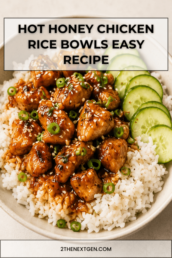 Close-up of hot honey chicken rice bowls with sticky glazed chicken pieces over fluffy white rice, sliced cucumbers, fresh herbs, sesame seeds, and spicy honey sauce.