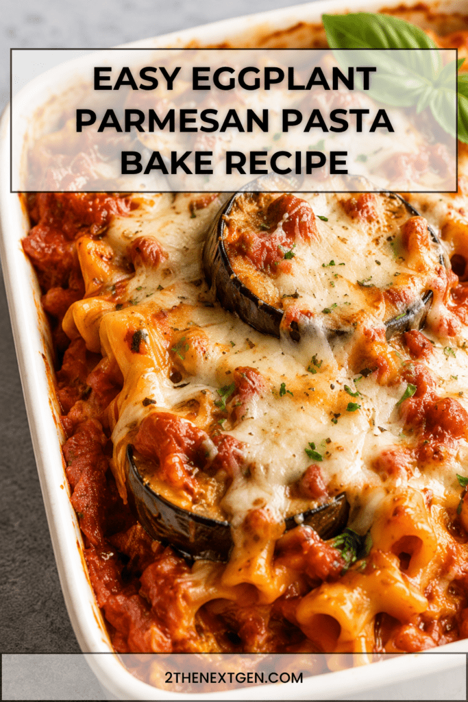 Close-up of eggplant parmesan pasta bake in a baking dish with tender pasta, roasted eggplant, rich tomato sauce, melted mozzarella, parmesan, and fresh basil.