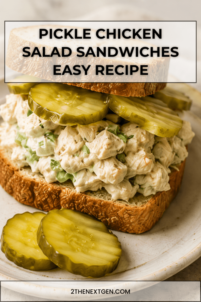 Close-up of pickle chicken salad sandwiches filled with creamy shredded chicken, crunchy dill pickles, fresh herbs, lettuce, and soft sandwich bread.