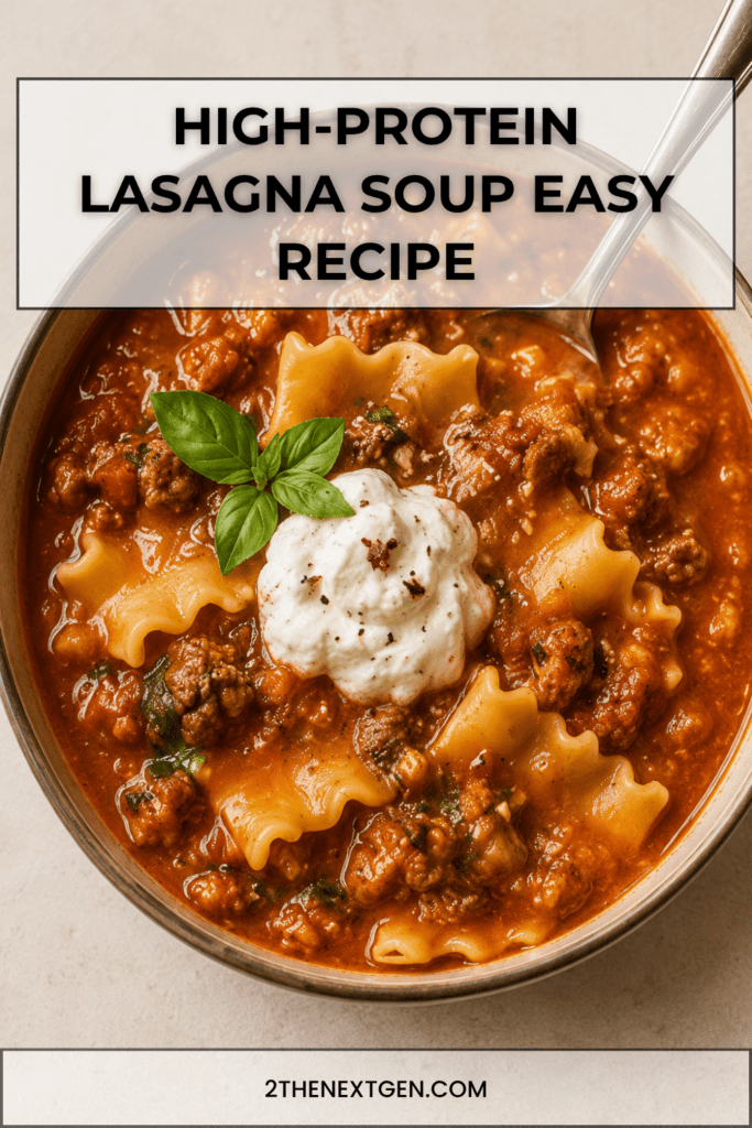 Close-up of high-protein lasagna soup in a bowl with rich tomato broth, tender pasta pieces, lean ground meat, melted mozzarella, cottage cheese, parmesan, and fresh basil.