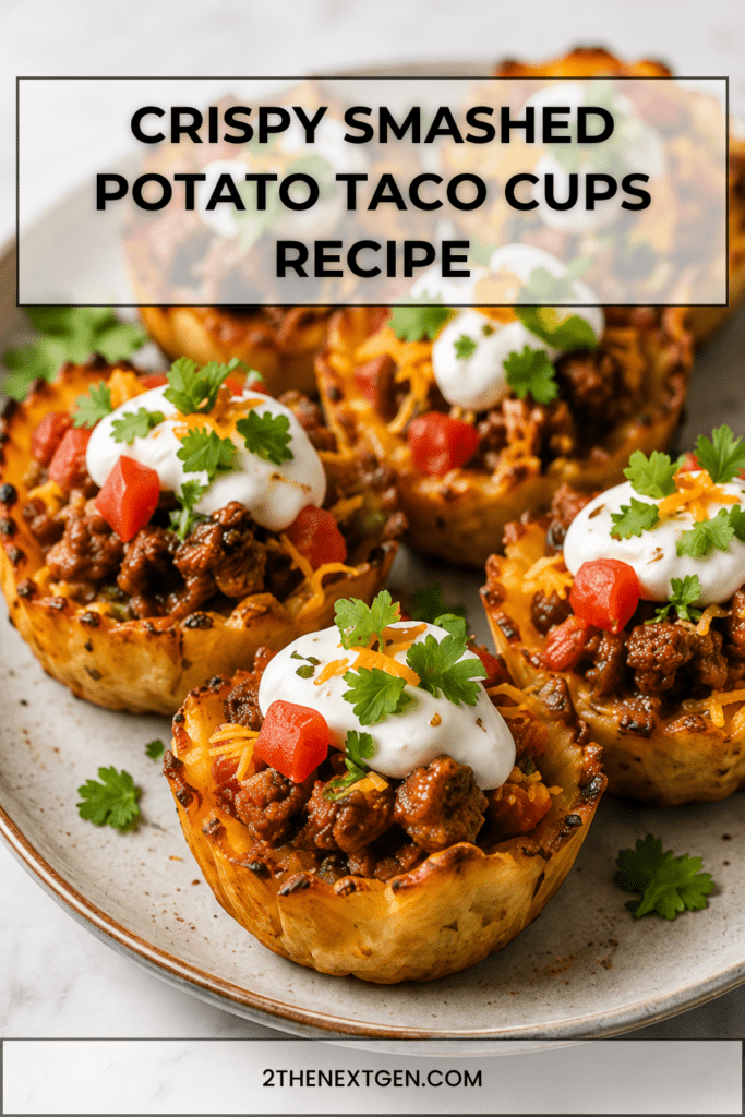 Close-up of crispy smashed potato taco cups filled with seasoned taco beef, melted cheese, sour cream, salsa, avocado, green onions, and fresh cilantro.