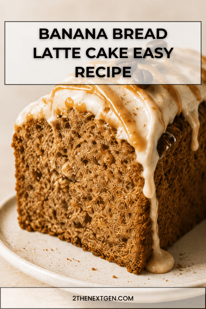 Close-up of banana bread latte cake slice with moist banana crumb, cinnamon coffee glaze, caramel drizzle, chopped walnuts, and a warm coffee cup in the background.