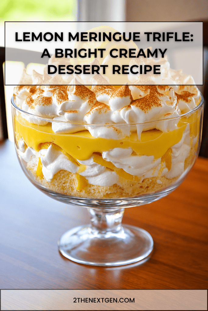 A large glass trifle bowl filled with layers of vanilla sponge cake, silky lemon cream, whipped cream, and golden toasted meringue, decorated with lemon slices and fresh lemon zest.