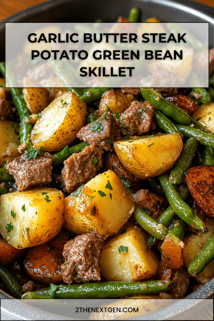 A rustic skillet filled with juicy garlic butter steak bites, golden baby potatoes, green beans, smoked sausage slices, fresh parsley, and a glossy buttery garlic sauce.