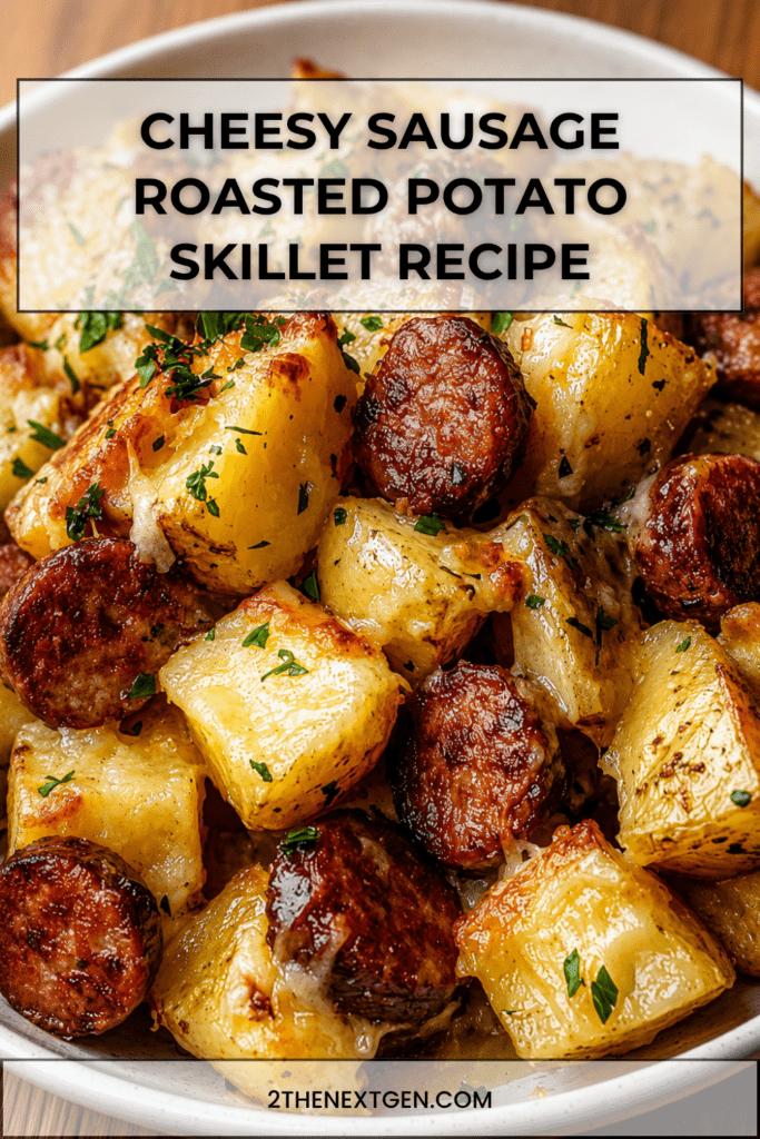 A hot skillet filled with Cheesy Sausage crispy roasted potato cubes, browned smoked sausage slices, melted mozzarella and cheddar cheese, grated parmesan, fresh parsley, and golden garlic herb seasoning.