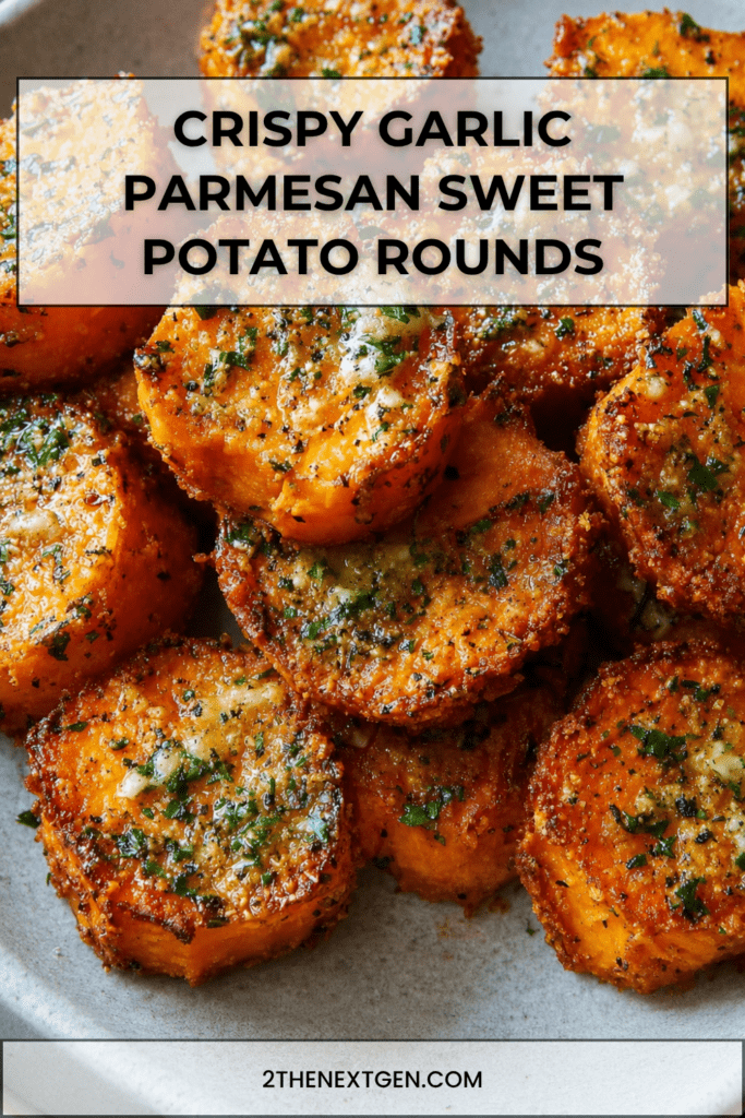 Golden roasted sweet potato rounds served on a tray with crispy parmesan edges, minced garlic, fresh parsley, black pepper, and a savory garlic butter coating.