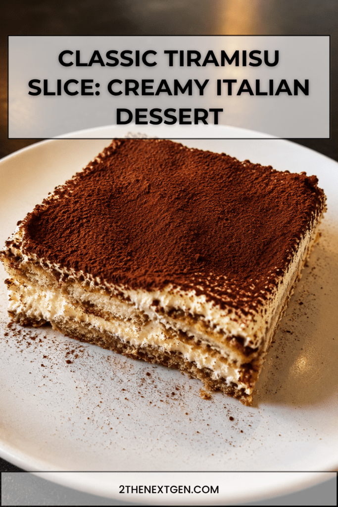A classic tiramisu slice served on a plate with creamy mascarpone layers, coffee-soaked ladyfingers, a thick dusting of cocoa powder, and dark chocolate shavings.