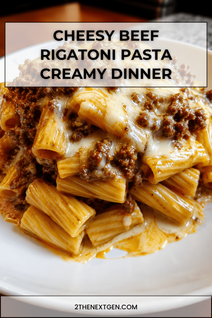 A hot bowl of cheesy beef rigatoni pasta coated in creamy tomato beef sauce with melted mozzarella, cheddar, parmesan, black pepper, and fresh parsley.