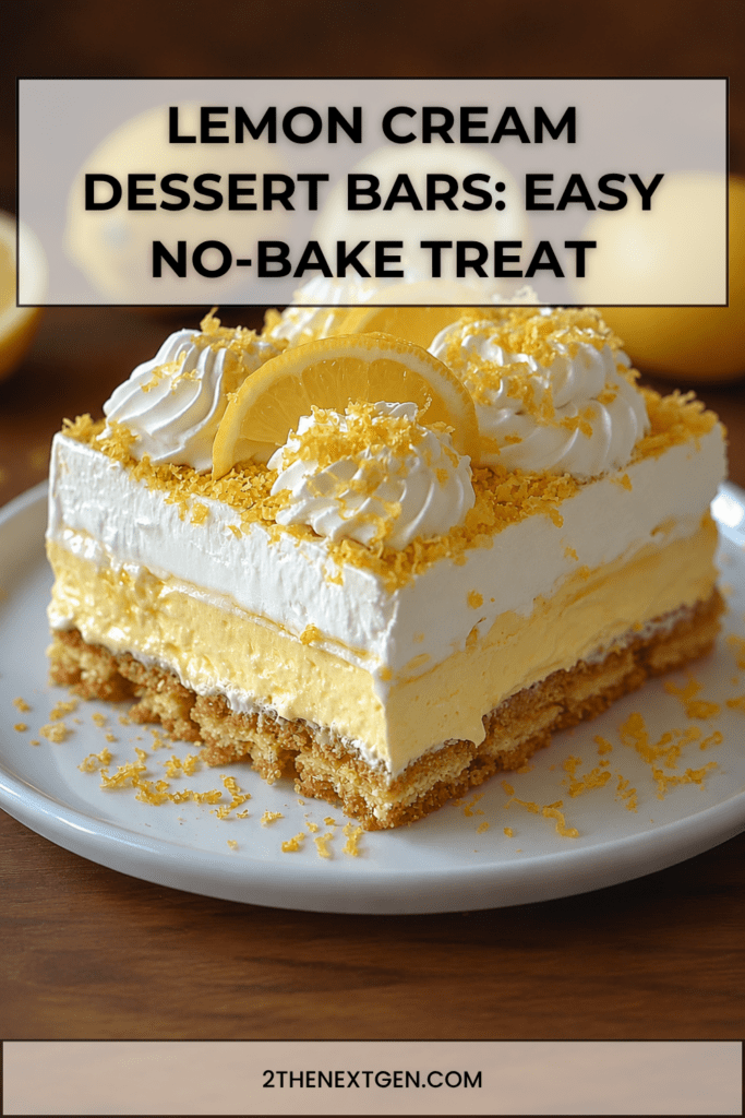 Lemon cream dessert bars sliced into squares with a buttery biscuit crust, smooth lemon custard layer, fluffy whipped cream topping, fresh lemon zest, and thin lemon slices.