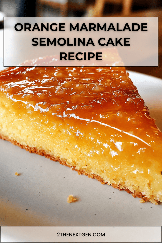 A moist orange marmalade semolina cake sliced on a plate with a glossy citrus topping, golden crumb, orange zest, and a soft syrup-soaked texture.