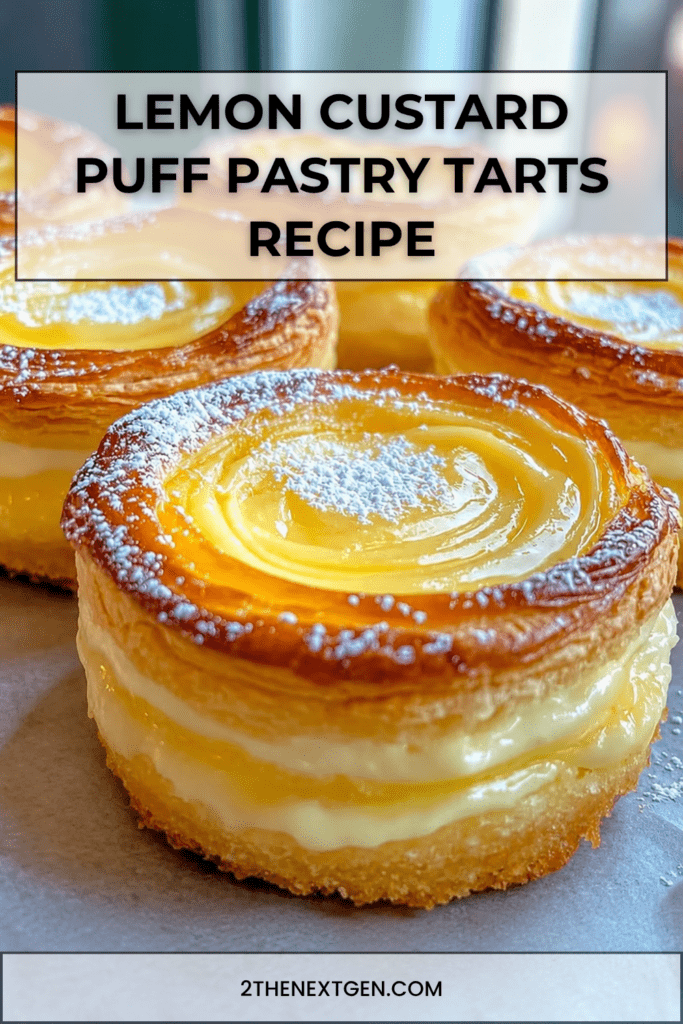 Golden lemon custard puff pastry tarts filled with smooth citrus custard, crisp flaky edges, powdered sugar, fresh lemon zest, and glossy lemon curd topping.