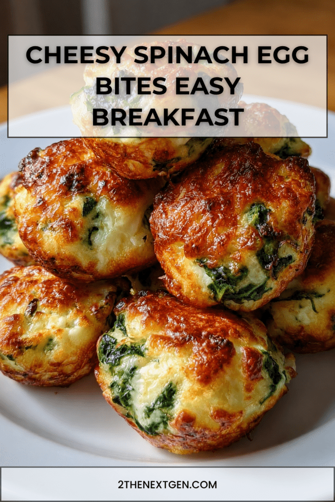 Golden cheesy spinach egg bites baked in a muffin pan with fluffy eggs, melted mozzarella, crumbled feta, chopped spinach, garlic, and fresh parsley.
