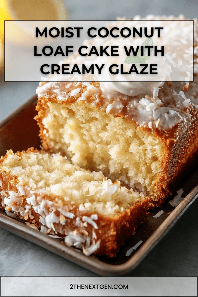 A moist coconut loaf cake sliced on a plate with creamy white glaze, shredded coconut topping, soft tender crumb, whipped cream, and fresh mint garnish.