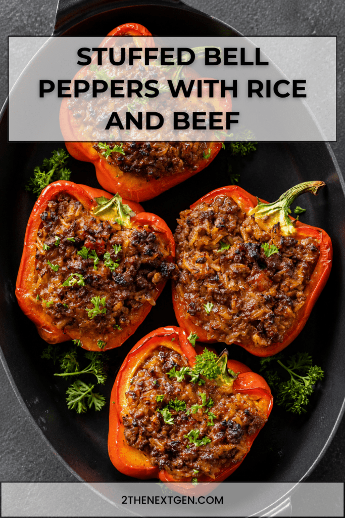 Baked stuffed red bell peppers filled with seasoned ground beef, rice, tomato sauce, herbs, and melted cheese, served hot with fresh parsley on top.