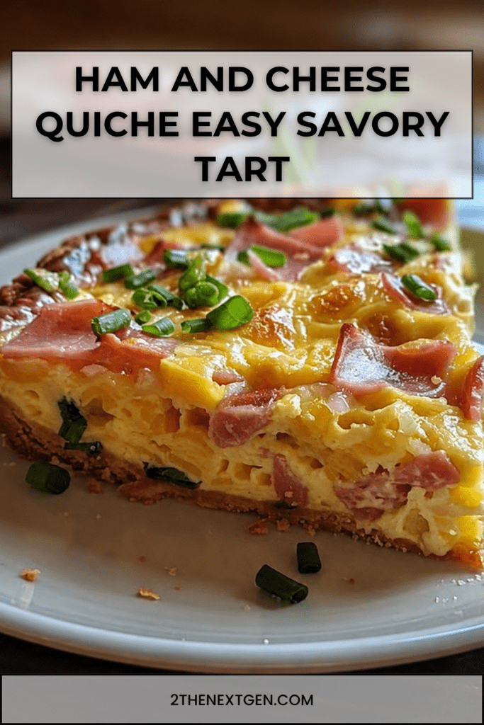 A golden ham and cheese quiche sliced on a plate with creamy egg filling, diced ham, melted cheese, fresh chives, flaky crust, and black pepper on top.